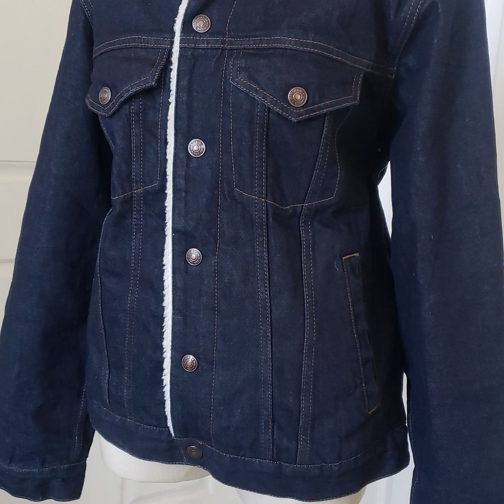 GAP Sherpa Lined Denim Trucker Jacket Dark Blue Oversized Cozy • SIZE SMALL - Picture 5 of 14